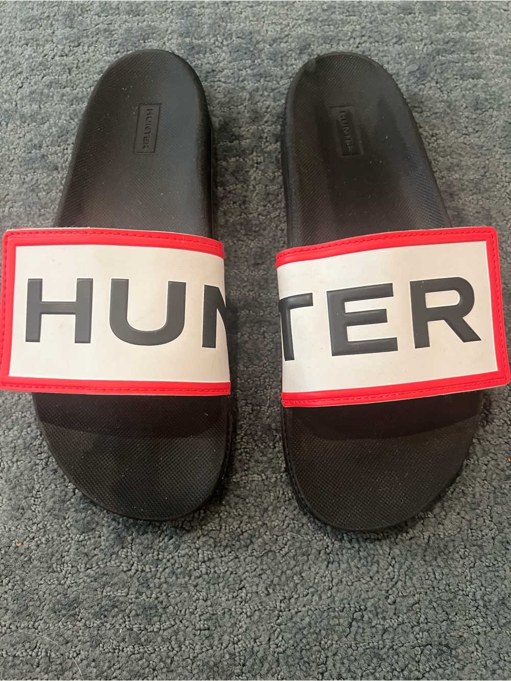 Hunter Black Slides with White Strap and Red Trim